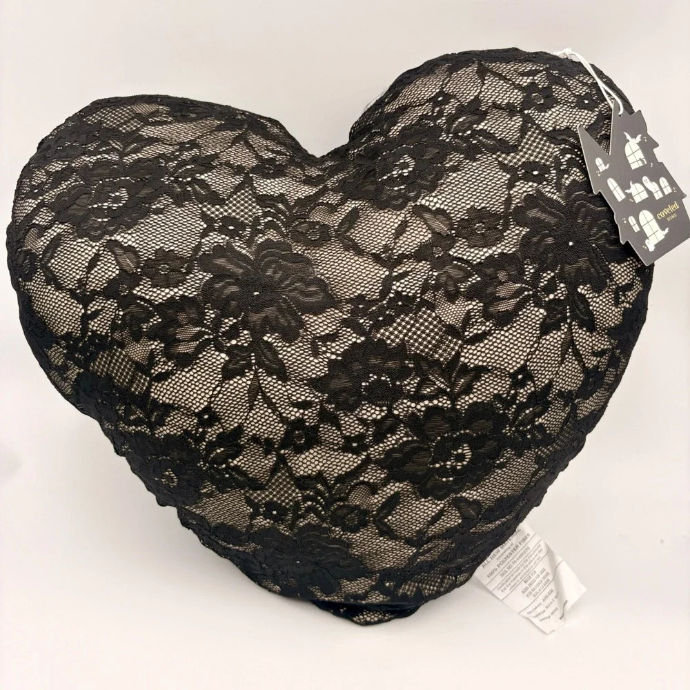 Coveted Home Black Lace Heart Shaped Halloween Pillow Gothic Victorian Goth NEW